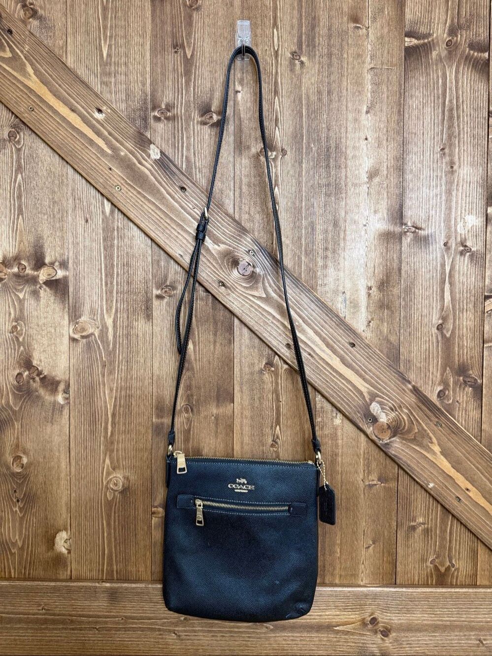 Coach Crossbody Bag Black Leather Zip Top Front Pocket Adjustable Strap (9248)